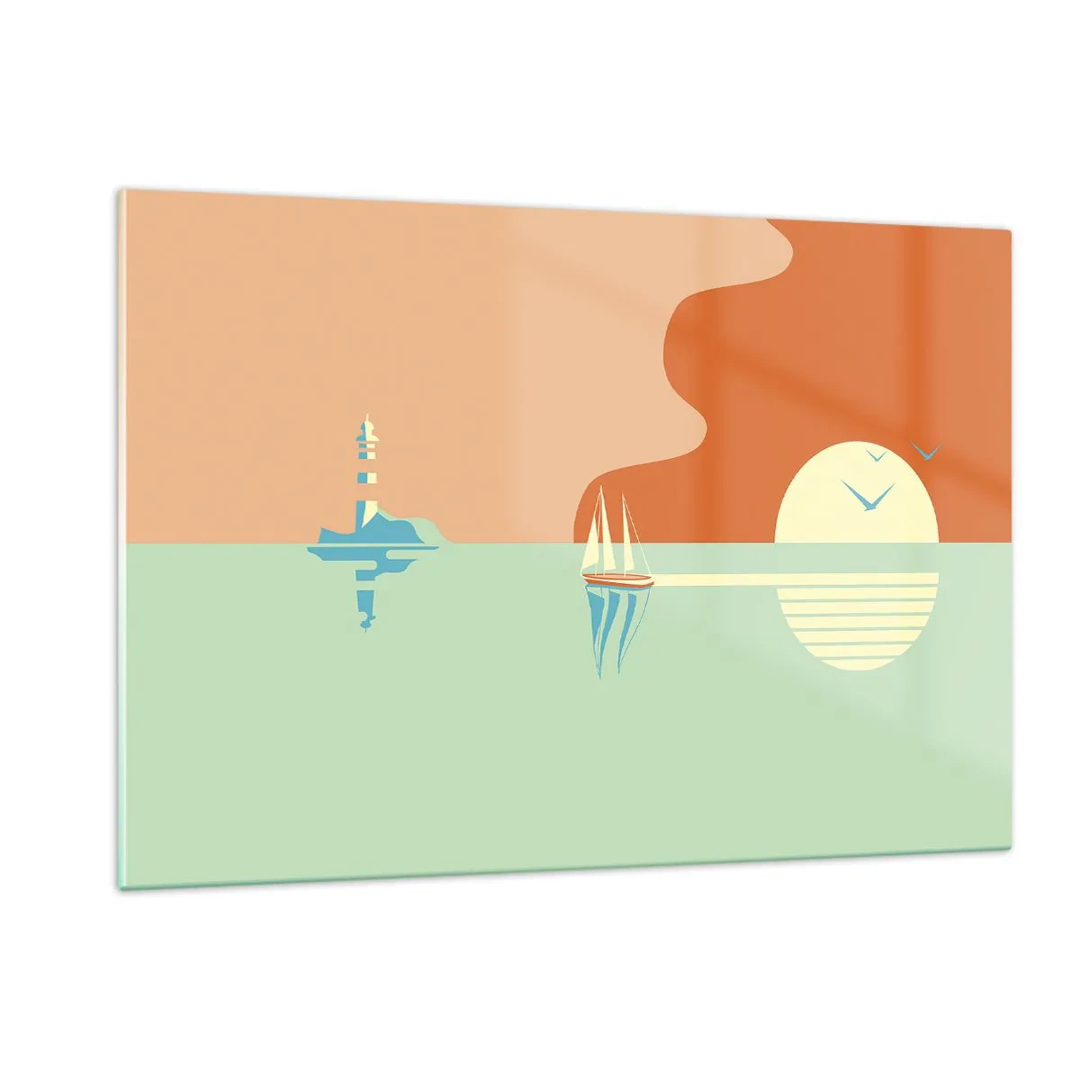 Glasbild - Bild auf glas - Ein minimalistischer Sonnenuntergang mit einem Segelboot und einem Leuchtturm - 120x80cm - Die perfekte Meereslandschaft - Moderne Wanddekoration für Wohnzimmer und Schlafzimmer ARTTOR