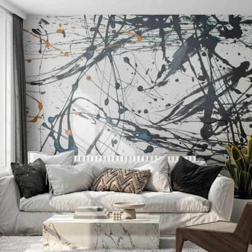 Fototapete Premium Sand - Dynamische Farbspritzer auf hellem Untergrund im ausdrucksstarken Stil - 100x70cm - Expressionistische Abstraktion - Moderne Wanddekoration für Wohnzimmer und Schlafzimmer ARTTOR