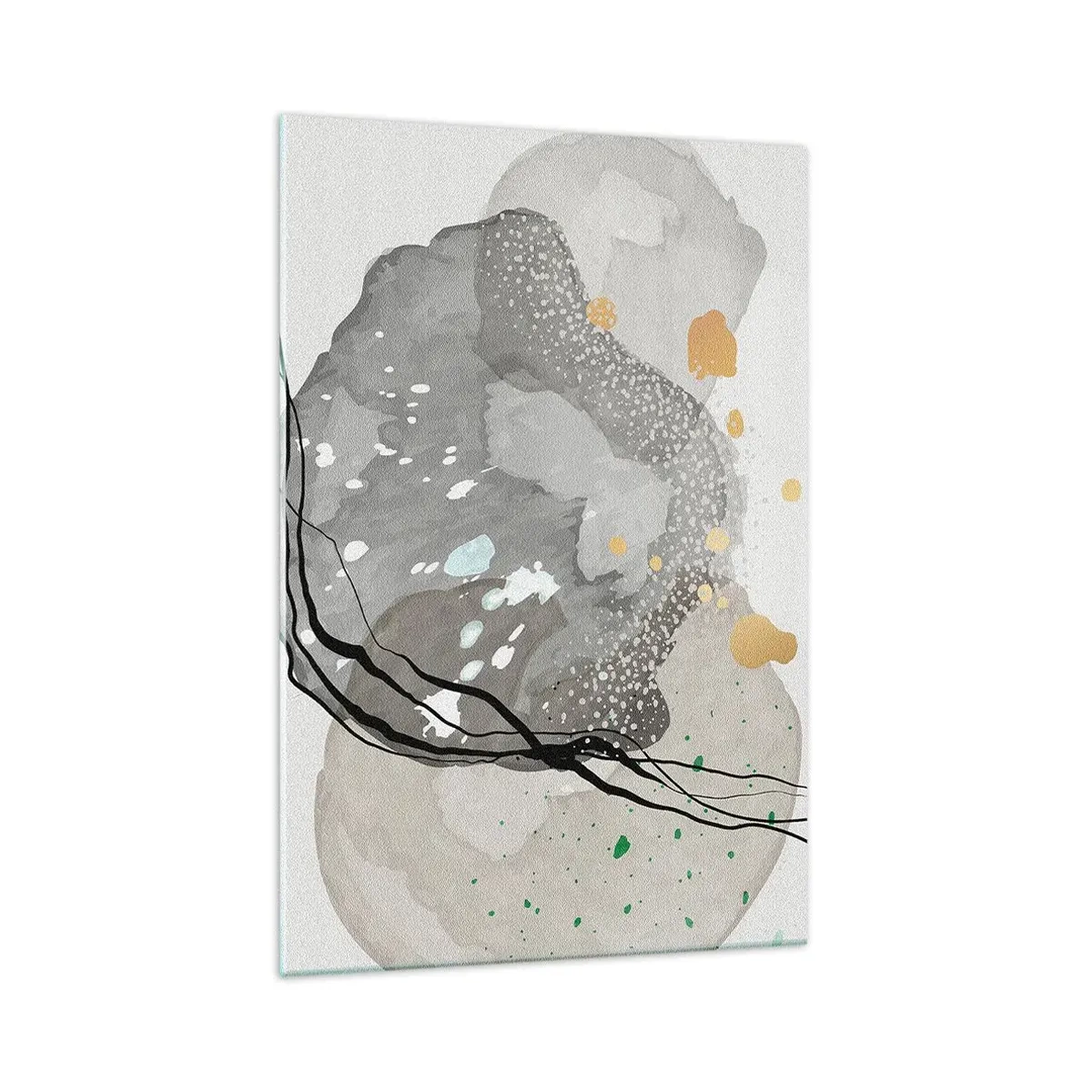 Glasbild - Bild auf glas - Organische Formen in Grautönen mit Akzenten in Schwarz und Gold - 70x100cm - Organische Komposition - Moderne Wanddekoration für Wohnzimmer und Schlafzimmer ARTTOR