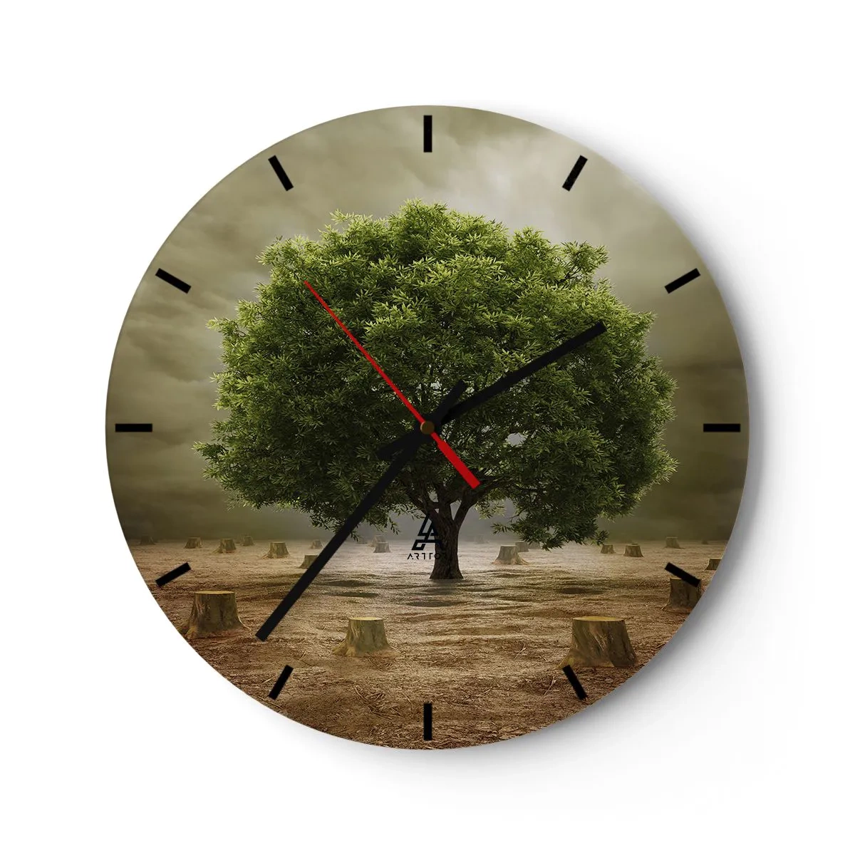 Wanduhr - Glasuhr - Ein Baum, umgeben von Baumstümpfen vor einem stürmischen Himmel - 30x30cm - Alle Hoffnung - Moderne Wanddekoration für Wohnzimmer, Küche und Schlafzimmer ARTTOR
