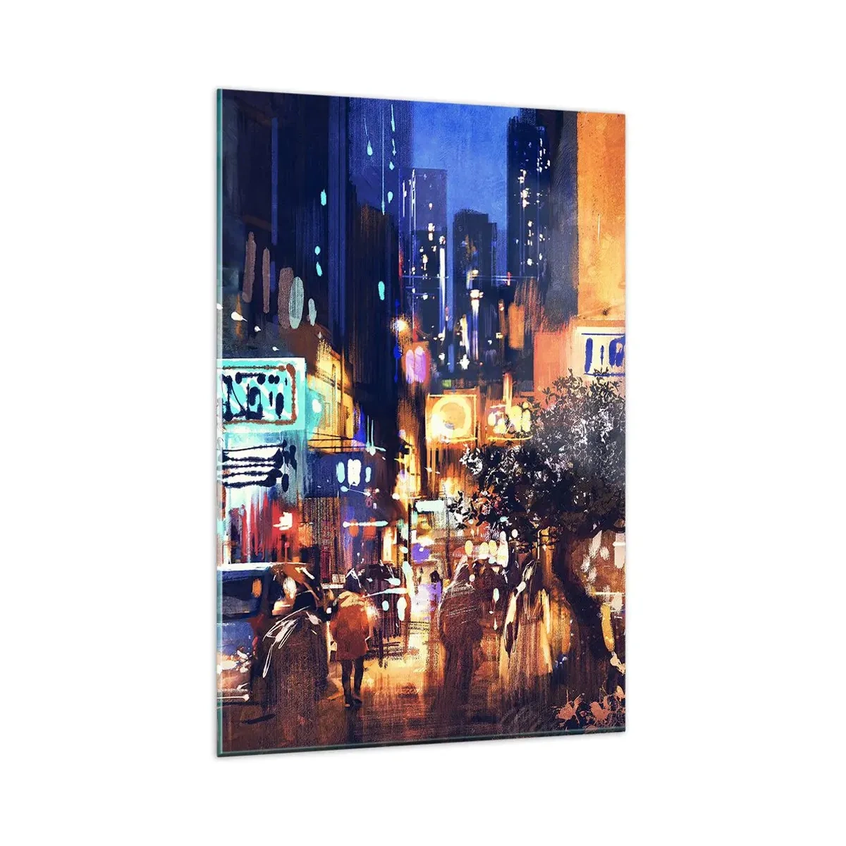 Glasbild - Bild auf glas - Abendliche Stadtansicht im impressionistischen Stil - 80x120cm - Und die Stadt ist wach - Moderne Wanddekoration für Wohnzimmer und Schlafzimmer ARTTOR