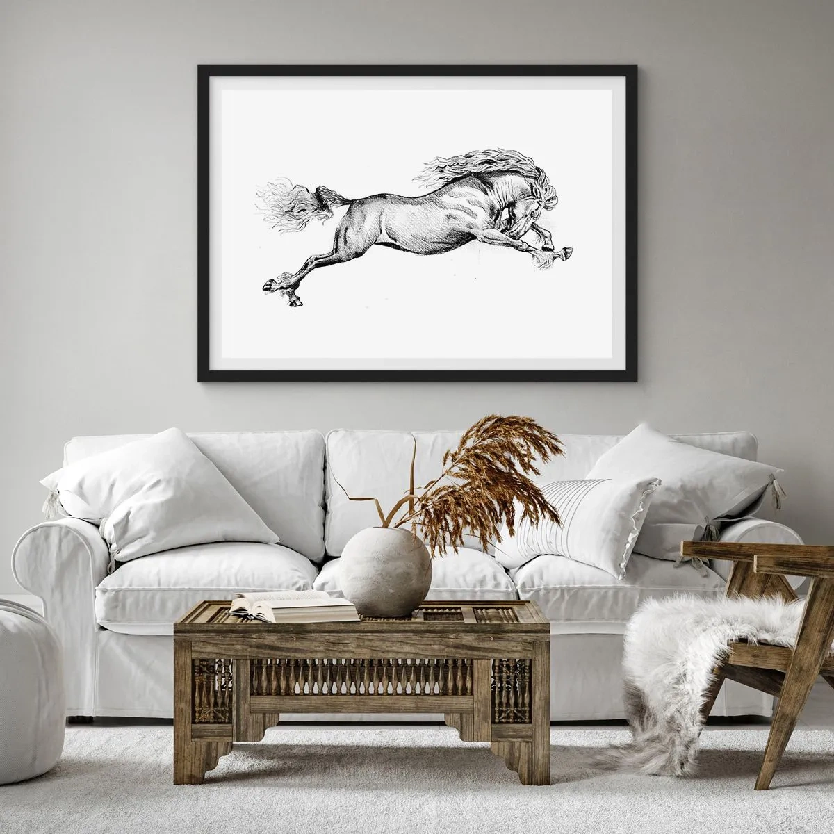 Poster in einem schwarzem Rahmen - Skizze eines Pferdes im dynamischen Galopp auf weißem Hintergrund - 100x70cm - Im Galopp festgehalten - Moderne Wanddekoration für Wohnzimmer und Schlafzimmer ARTTOR