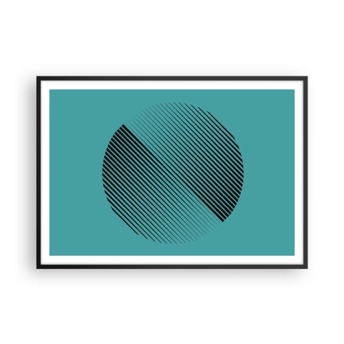 Poster in einem schwarzem Rahmen - Ein minimalistischer Kreis mit Linien auf türkisfarbenem Hintergrund. - 100x70cm - Kreis – eine geometrische Variante - Moderne Wanddekoration für Wohnzimmer und Schlafzimmer ARTTOR