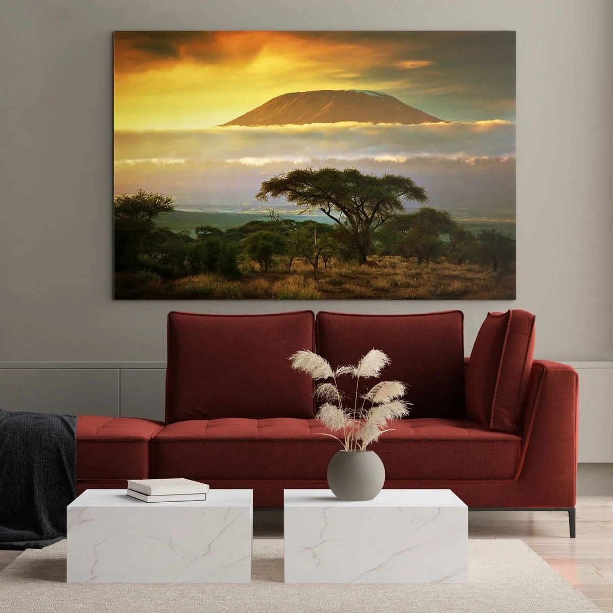 Glasbild - Bild auf glas - Der Kilimandscharo, umgeben von Wolken vor der Kulisse der afrikanischen Savanne - 70x50cm - Ein Reisetraum - Moderne Wanddekoration für Wohnzimmer und Schlafzimmer ARTTOR