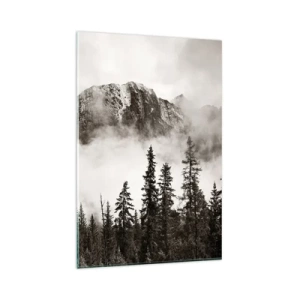 Glasbild - Bild auf glas - Ein malerischer Berggipfel, umgeben von Nebel und einem sepiafarbenen Wald - 80x120cm - Lineal aus Granit - Moderne Wanddekoration für Wohnzimmer und Schlafzimmer ARTTOR