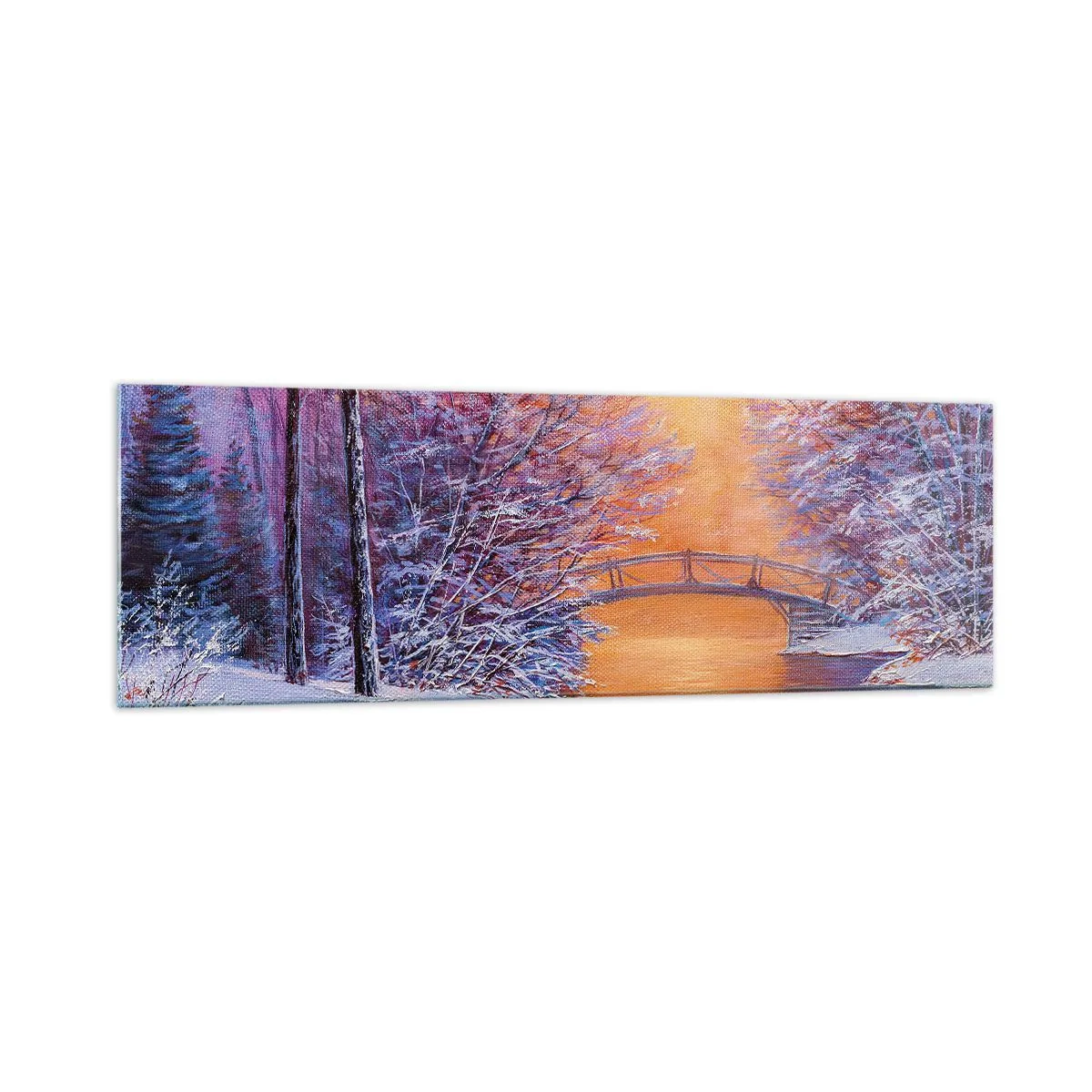 Glasbild - Bild auf glas - Winterlandschaft mit Brücke und Sonnenuntergang - 160x50cm - Treffen wir uns hier - Moderne Wanddekoration für Wohnzimmer und Schlafzimmer ARTTOR