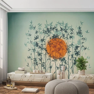 Fototapete Premium Sand - Rote Sonne hinter dem Bambuswald - 100x70cm - Japanische Sonne - Moderne Wanddekoration für Wohnzimmer und Schlafzimmer ARTTOR