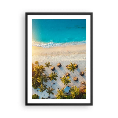 Poster in einem schwarzem Rahmen - Luftaufnahme eines paradiesischen Strandes mit Palmen und türkisfarbenem Wasser - 50x70cm - Willkommen im Paradies - Moderne Wanddekoration für Wohnzimmer und Schlafzimmer ARTTOR