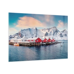Glasbild - Bild auf glas - Rote Fischerhütten am Fjord mit Bergen im Hintergrund - 100x70cm - Nördlicher Rückzug - Moderne Wanddekoration für Wohnzimmer und Schlafzimmer ARTTOR