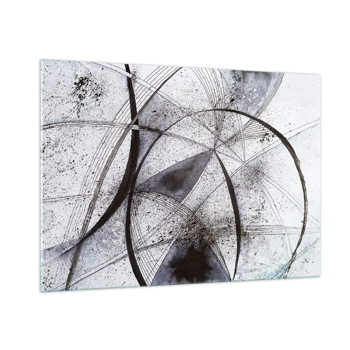 Glasbild - Bild auf glas - Eine Schwarz-Weiß-Komposition aus sich kreuzenden Linien und geometrischen Bögen. - 100x70cm - Futuristische Fantasie - Moderne Wanddekoration für Wohnzimmer und Schlafzimmer ARTTOR