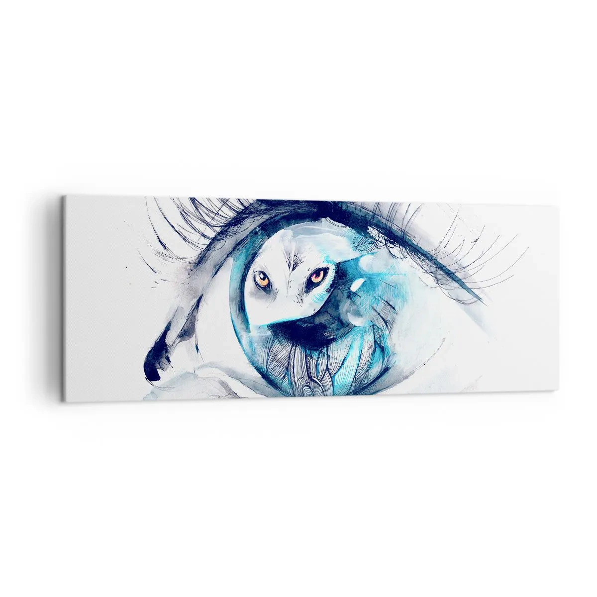 Bild auf Leinwand - Leinwandbild - Ein Auge mit dem Bild einer Eule in Aquarell-Blautönen - 140x50cm - Auge in Auge mit Wildheit - Moderne Wanddekoration für Wohnzimmer und Schlafzimmer ARTTOR