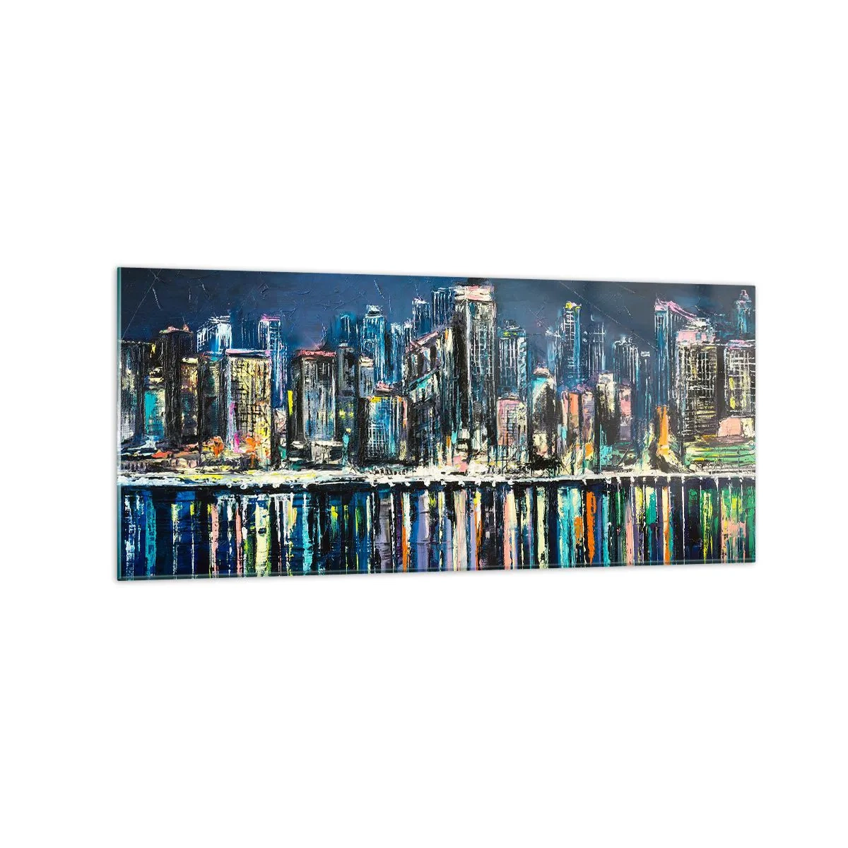 Glasbild - Bild auf glas - Panorama der nächtlichen Stadt, die sich im Wasser spiegelt - 120x50cm - Kaskade von Lichtern - Moderne Wanddekoration für Wohnzimmer und Schlafzimmer ARTTOR