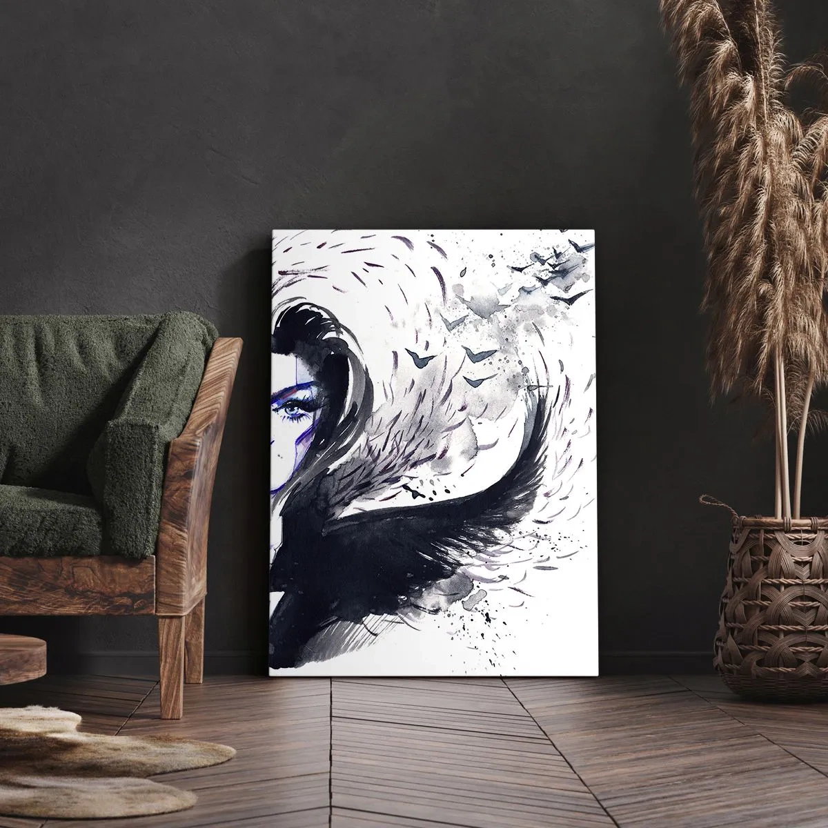 Bild auf Leinwand - Leinwandbild - Abstraktes Gesicht mit kontrastierenden Elementen und einem Flügelmotiv - 50x70cm - Dämonisch und schön - Moderne Wanddekoration für Wohnzimmer und Schlafzimmer ARTTOR
