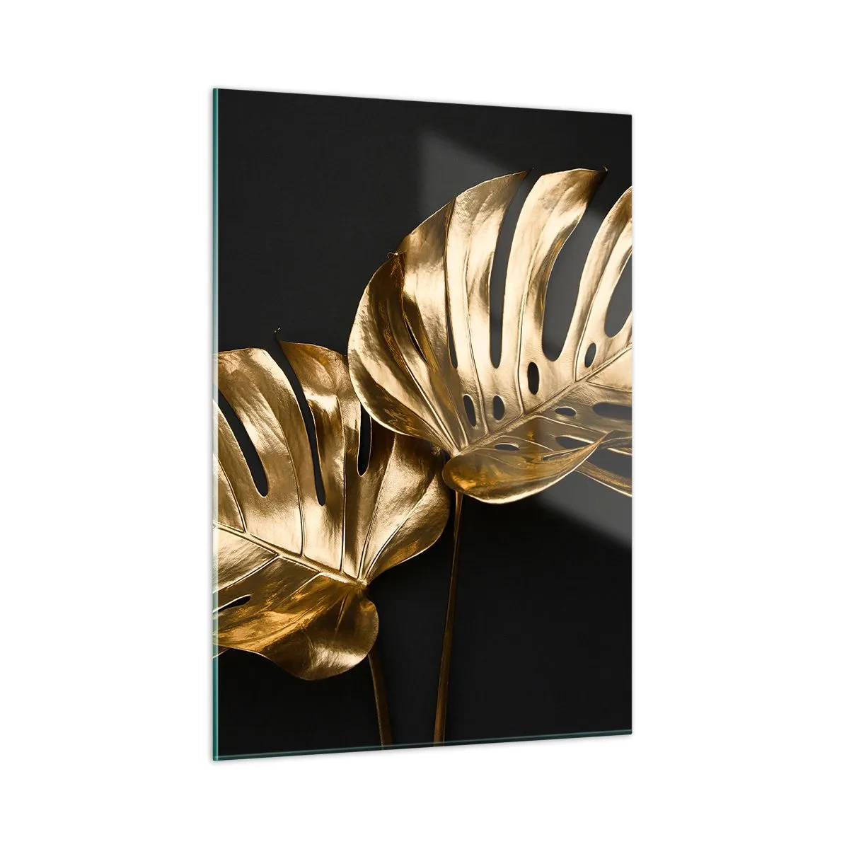 Glasbild - Bild auf glas - Goldene Monstera-Blätter auf schwarzem Hintergrund - 50x70cm - Die Schätze der Natur - Moderne Wanddekoration für Wohnzimmer und Schlafzimmer ARTTOR
