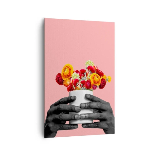 Bild auf Leinwand - Leinwandbild - Hände halten einen Strauß bunter Blumen - 80x120cm - Die Apotheose des Lebens - Moderne Wanddekoration für Wohnzimmer und Schlafzimmer ARTTOR