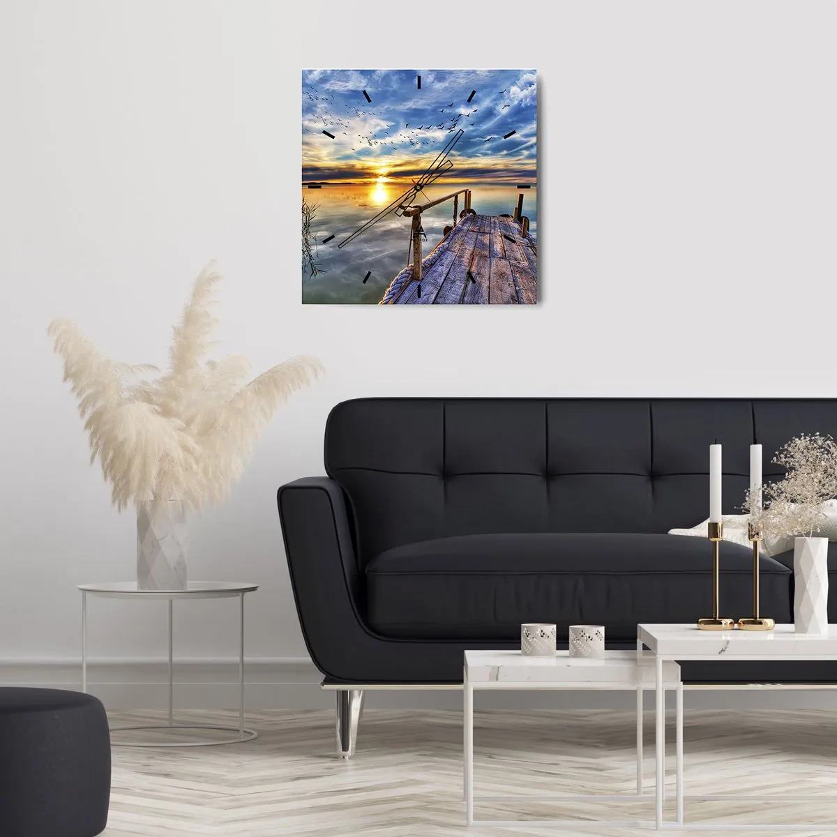 Wanduhr - Glasuhr - Holzsteg über dem See bei Sonnenuntergang - 30x30cm - Der Wind geht zur Ruhe - Moderne Wanddekoration für Wohnzimmer und Schlafzimmer ARTTOR