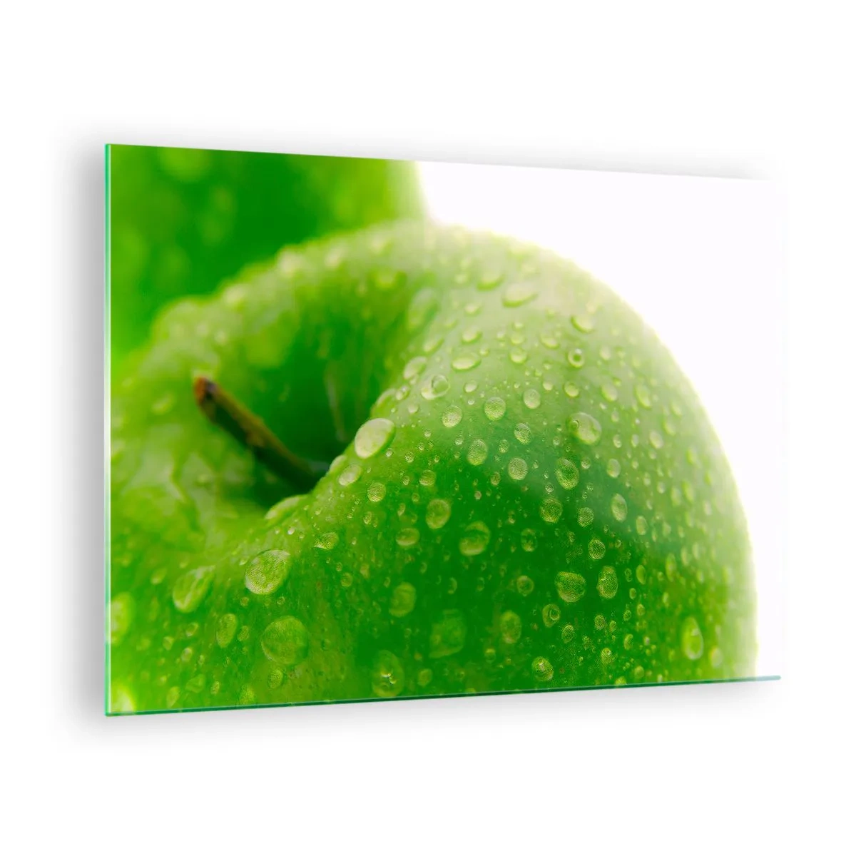 Glasbild - Bild auf glas - Ein grüner Apfel bedeckt mit Wassertropfen - 70x50cm - Grüne kühle Frische - Moderne Wanddekoration für Wohnzimmer und Schlafzimmer ARTTOR