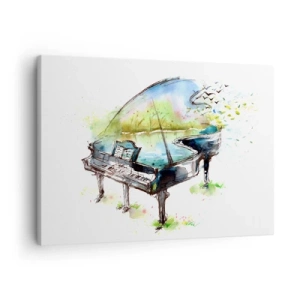 Bild auf Leinwand - Leinwandbild - Künstlerische Aquarellmalerei eines Klaviers mit der Natur im Hintergrund - 70x50cm - Von Musik verzaubert - Moderne Wanddekoration für Wohnzimmer und Schlafzimmer ARTTOR