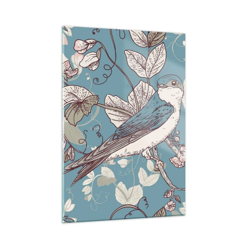 Glasbild - Bild auf glas - Ein Vogel auf einem Ast zwischen Blumen auf türkisfarbenem Hintergrund - 50x70cm - Im Weißholz von Rot und Silber - Moderne Wanddekoration für Wohnzimmer und Schlafzimmer ARTTOR