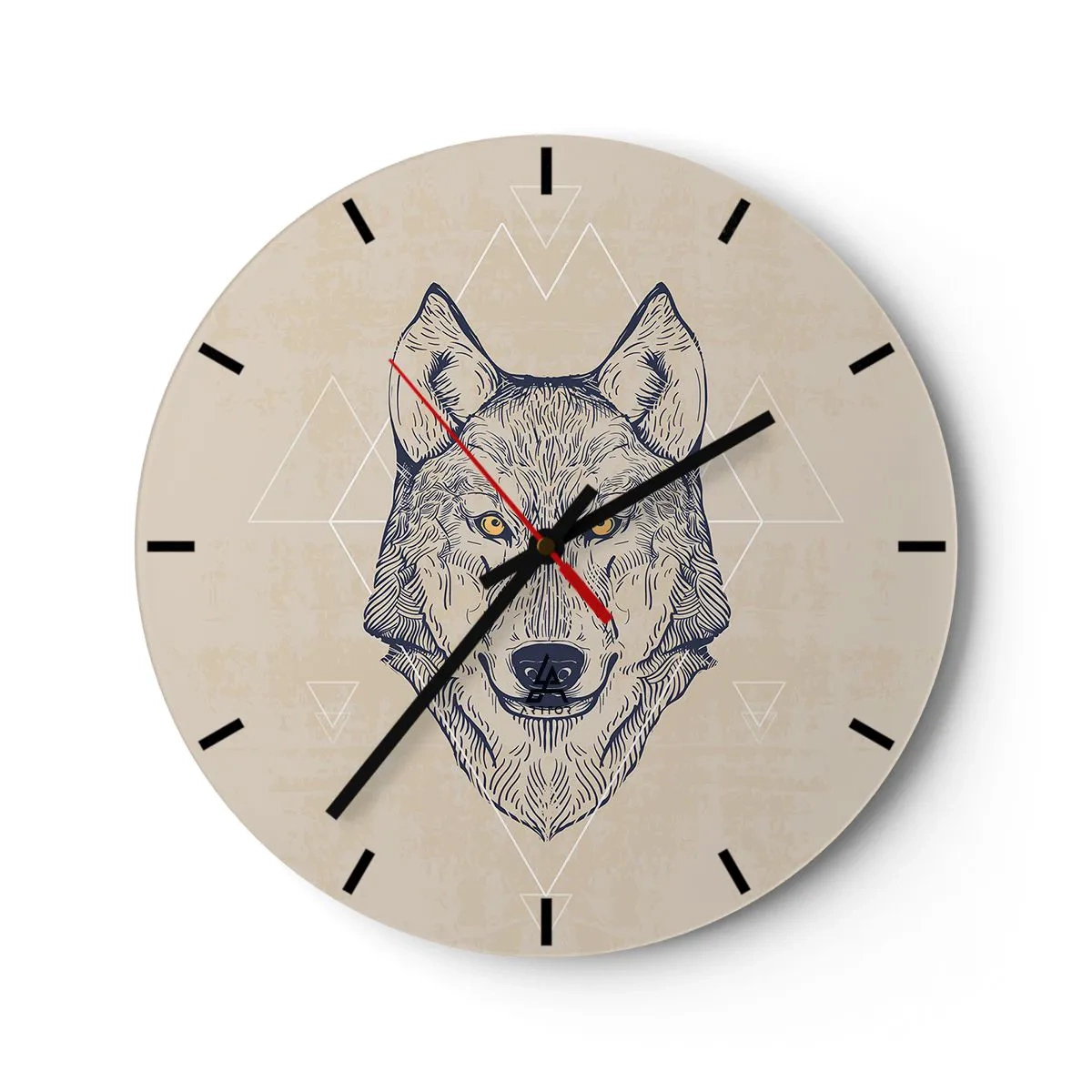 Wanduhr - Glasuhr - Illustration eines Wolfes auf beigem Hintergrund mit geometrischen Mustern - 30x30cm - Ein Alpha mit durchdringendem Blick - Moderne Wanddekoration für Wohnzimmer, Küche und Schlafzimmer ARTTOR