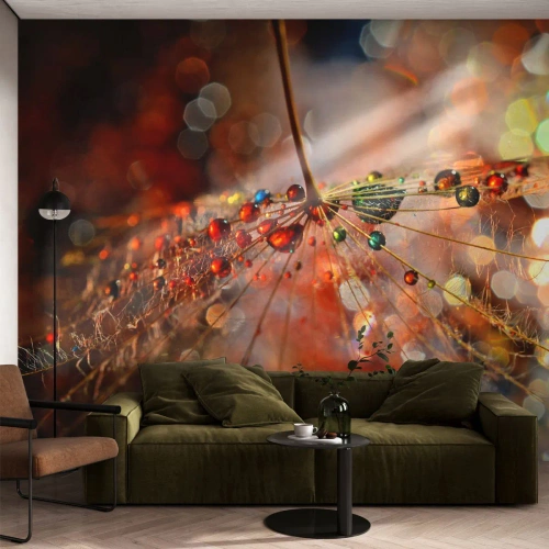 Fototapete Premium Sand - Makrofotografie von Tautropfen auf einem zarten Blatt - 100x70cm - Auf einem Spinnenfaden aufgefädelt - Moderne Wanddekoration für Wohnzimmer und Schlafzimmer ARTTOR