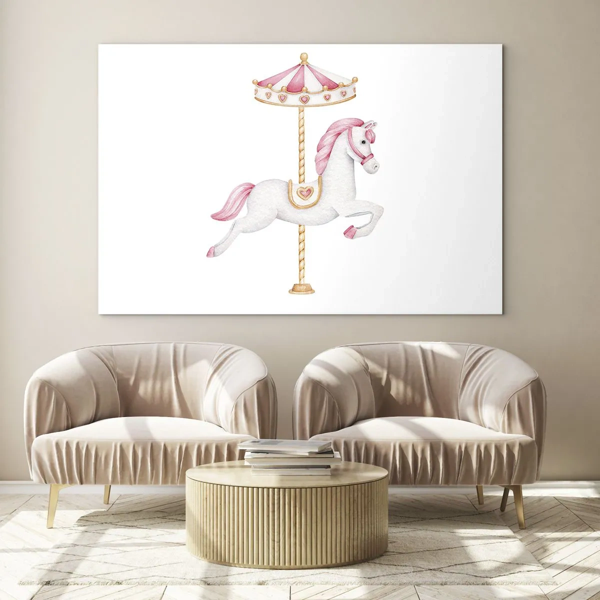 Glasbild - Bild auf glas - Rosa und weißes Karussellpferd auf weißem Hintergrund - 100x70cm - Er legte los - Moderne Wanddekoration für Wohnzimmer und Schlafzimmer ARTTOR
