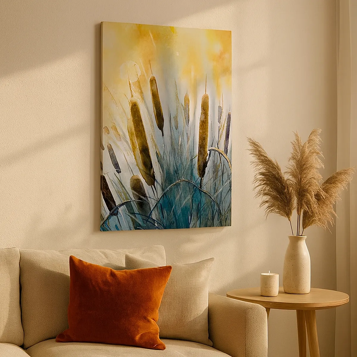 Bild auf Leinwand - Leinwandbild - Malerisches Schilf in den Sonnenstrahlen - 50x70cm - Die Kälte des Wassers, die Hitze der Sonne - Moderne Wanddekoration für Wohnzimmer und Schlafzimmer ARTTOR