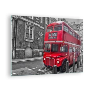 Glasbild - Bild auf glas - Ein roter Londoner Bus vor einem schwarz-weißen Straßenhintergrund - 70x50cm - Immer gleich - Moderne Wanddekoration für Wohnzimmer und Schlafzimmer ARTTOR