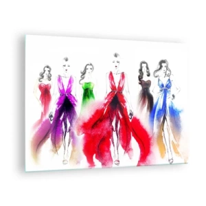 Glasbild - Bild auf glas - Skizze von Frauen in bunten Abendkleidern - 70x50cm - Stimmungen für Kostüme - Moderne Wanddekoration für Wohnzimmer und Schlafzimmer ARTTOR