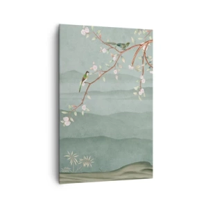 Bild auf Leinwand - Leinwandbild - Ein malerisches Bild eines blühenden Baumzweigs mit Vögeln vor dem Hintergrund grüner Hügel. - 80x120cm - Frühling, oh, du bist es - Moderne Wanddekoration für Wohnzimmer und Schlafzimmer ARTTOR