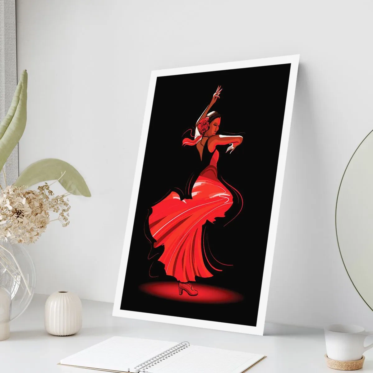Poster - Flamenco-Tänzerin in einem roten Kleid vor schwarzem Hintergrund - 50x70cm - Der feurige Geist des Flamenco - Moderne Wanddekoration für Wohnzimmer und Schlafzimmer ARTTOR