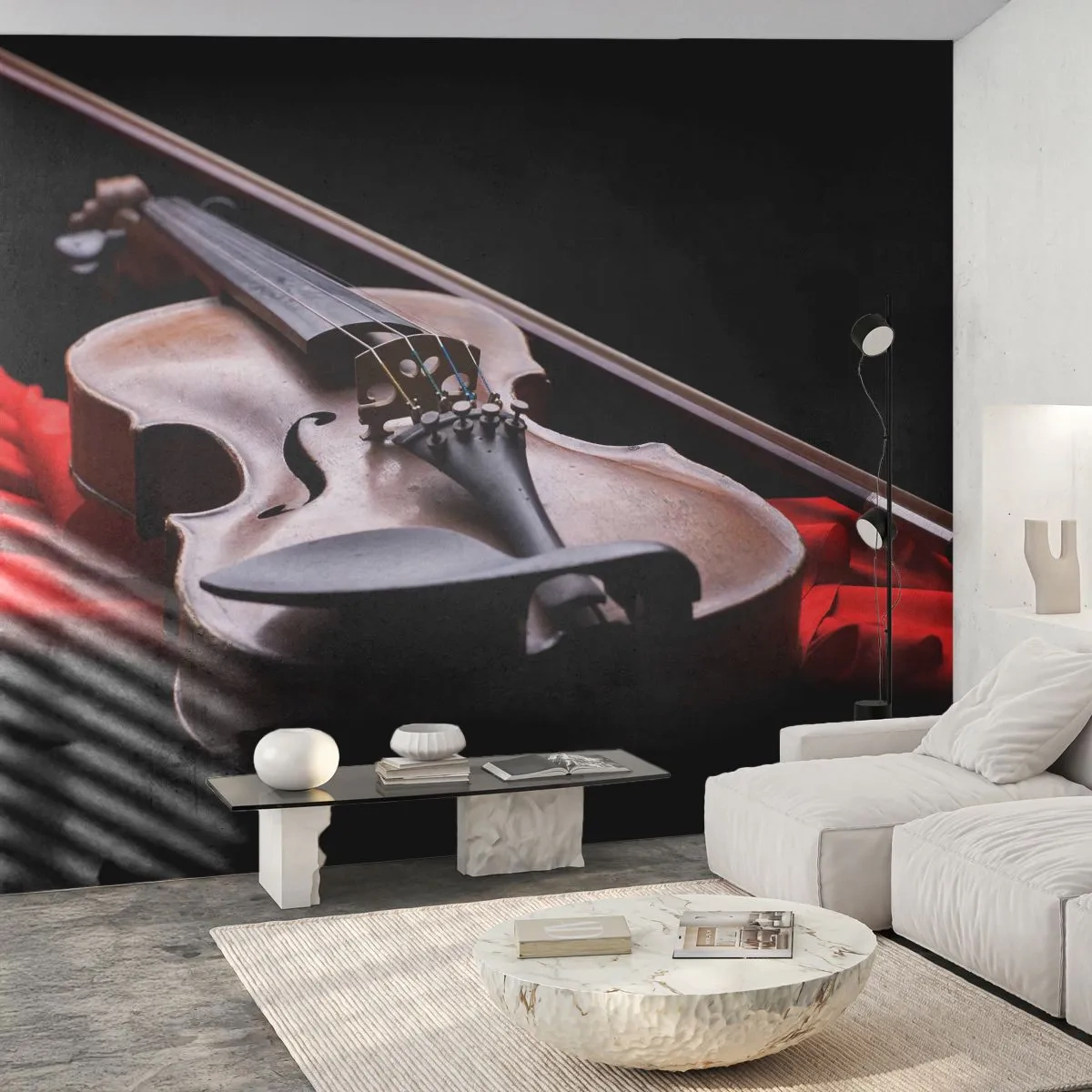 Fototapete Premium Sand - Alte Geige auf rotem Stoff mit dunklem Hintergrund - 100x70cm - Musik der Gefühle - Moderne Wanddekoration für Wohnzimmer und Schlafzimmer ARTTOR