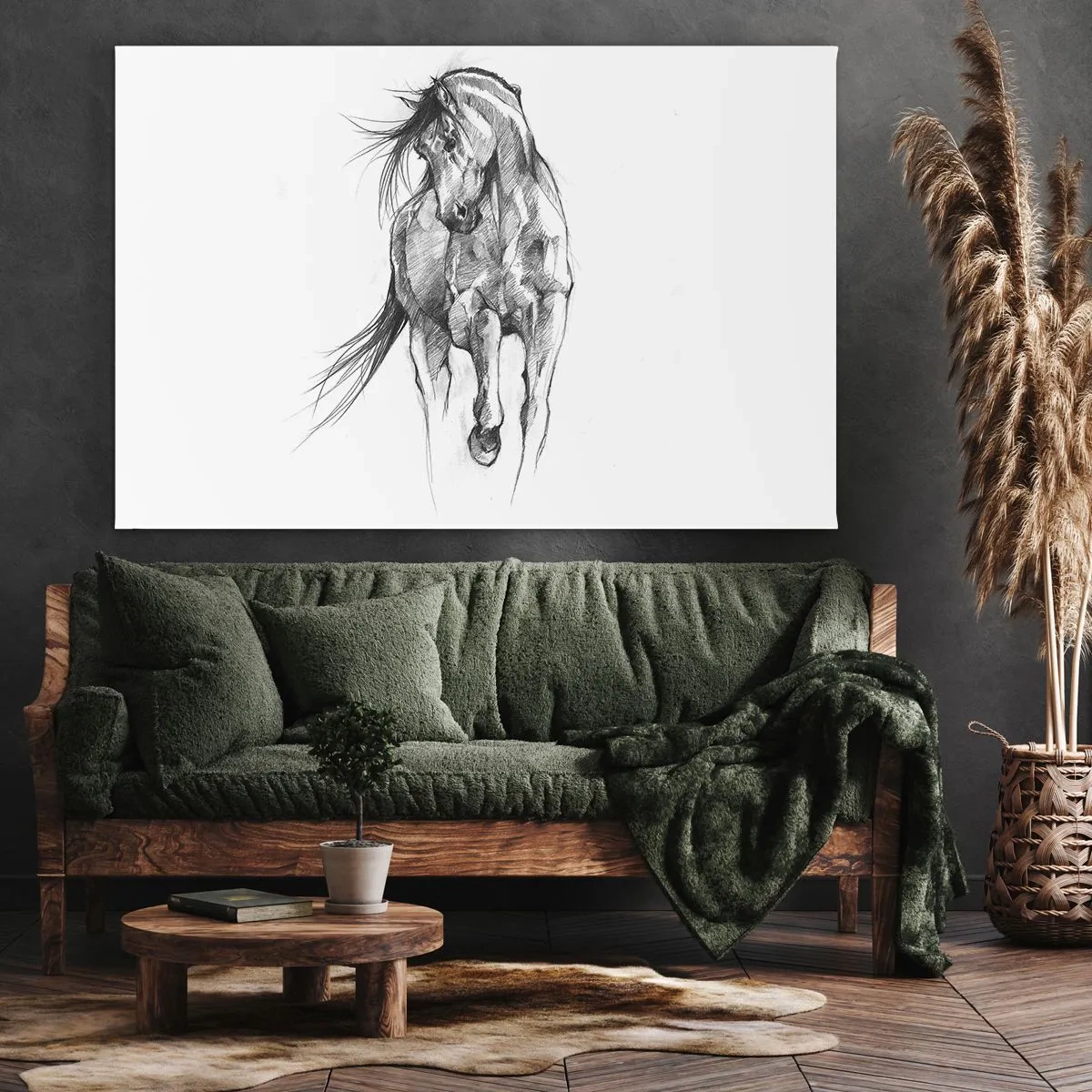 Bild auf Leinwand - Leinwandbild - Schwarz-Weiß-Skizze eines galoppierenden Pferdes - 70x50cm - Im anmutigen Trab - Moderne Wanddekoration für Wohnzimmer und Schlafzimmer ARTTOR