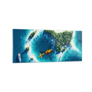 Glasbild - Bild auf glas - Eine tropische Insel, umgeben von türkisfarbenem Wasser, mit einem Hubschrauber in Sicht - 120x50cm - Kauf dir eine Insel - Moderne Wanddekoration für Wohnzimmer und Schlafzimmer ARTTOR