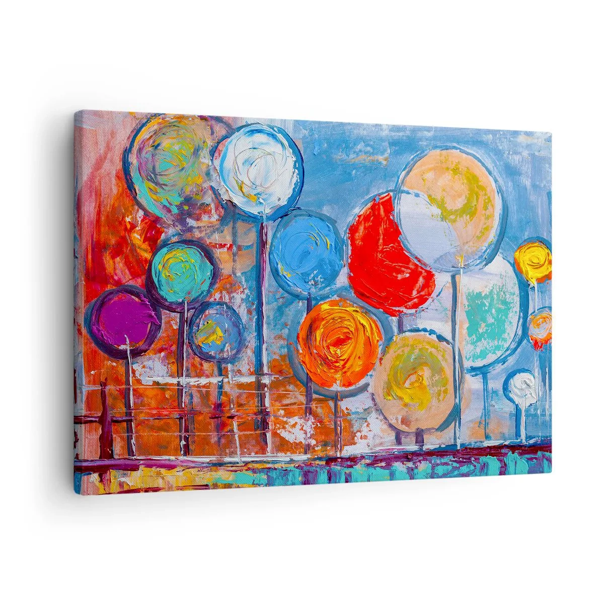 Bild auf Leinwand - Leinwandbild - Bunte abstrakte Bäume auf blauem Hintergrund - 70x50cm - Wunder am Stiel - Moderne Wanddekoration für Wohnzimmer und Schlafzimmer ARTTOR