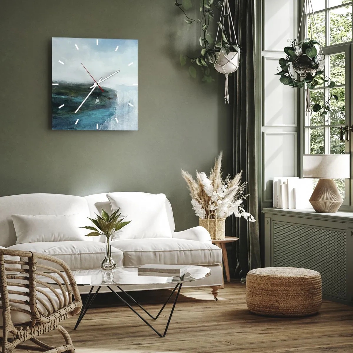 Wanduhr - Glasuhr - Abstrakte Landschaft in Türkis- und Grautönen - 30x30cm - Nautische Abstraktion - Moderne Wanddekoration für Wohnzimmer und Schlafzimmer ARTTOR