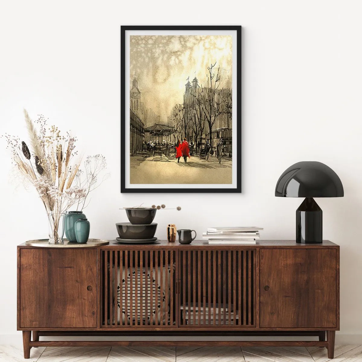 Poster in einem schwarzem Rahmen - Eine Figur in einem roten Mantel vor dem Hintergrund einer Winterstadt - 50x70cm - Ein Date im Londoner Nebel - Moderne Wanddekoration für Wohnzimmer und Schlafzimmer ARTTOR