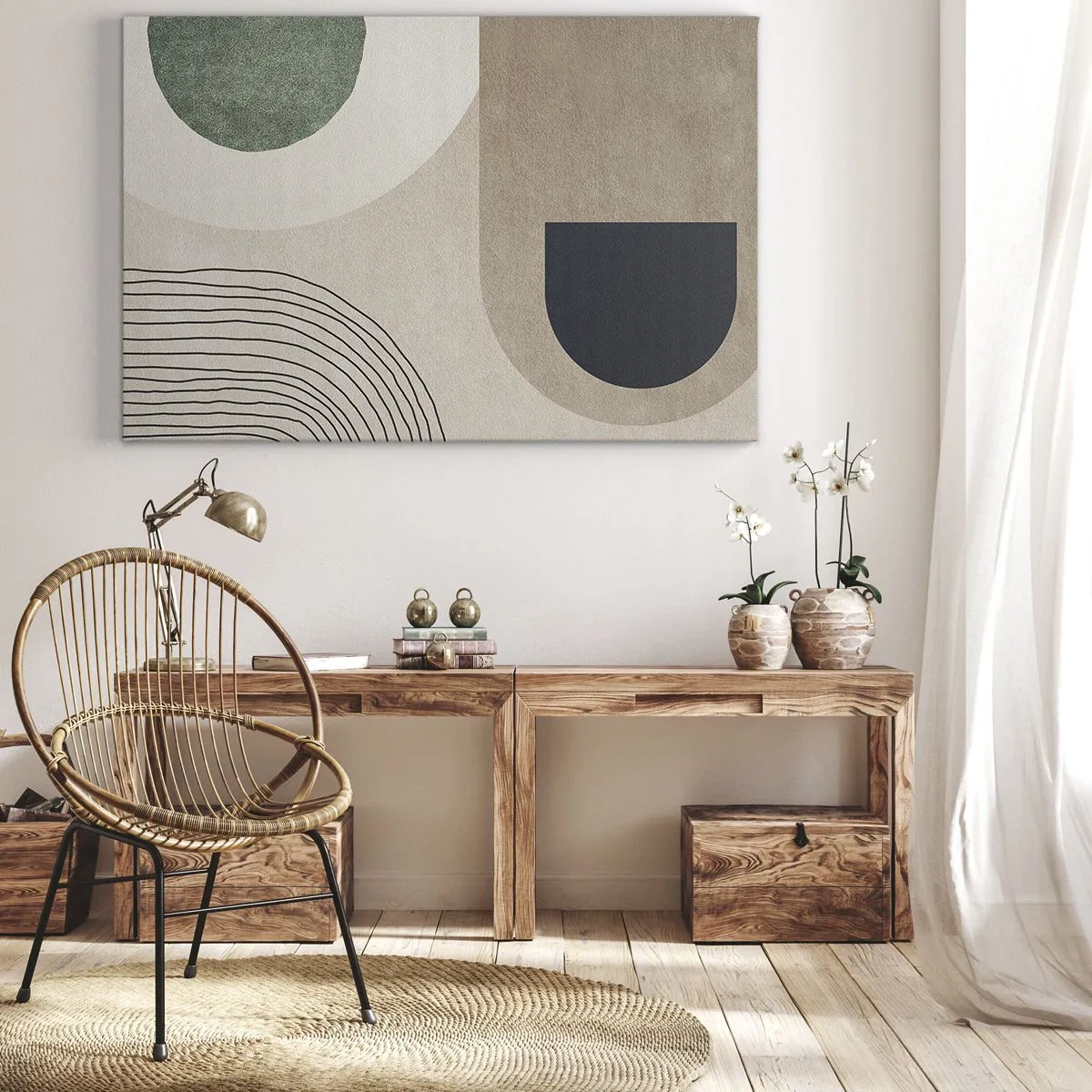 Bild auf Leinwand - Leinwandbild - Geometrische Formen in Beige- und Grüntönen - 100x70cm - Sanftheit des Ovals - Moderne Wanddekoration für Wohnzimmer und Schlafzimmer ARTTOR