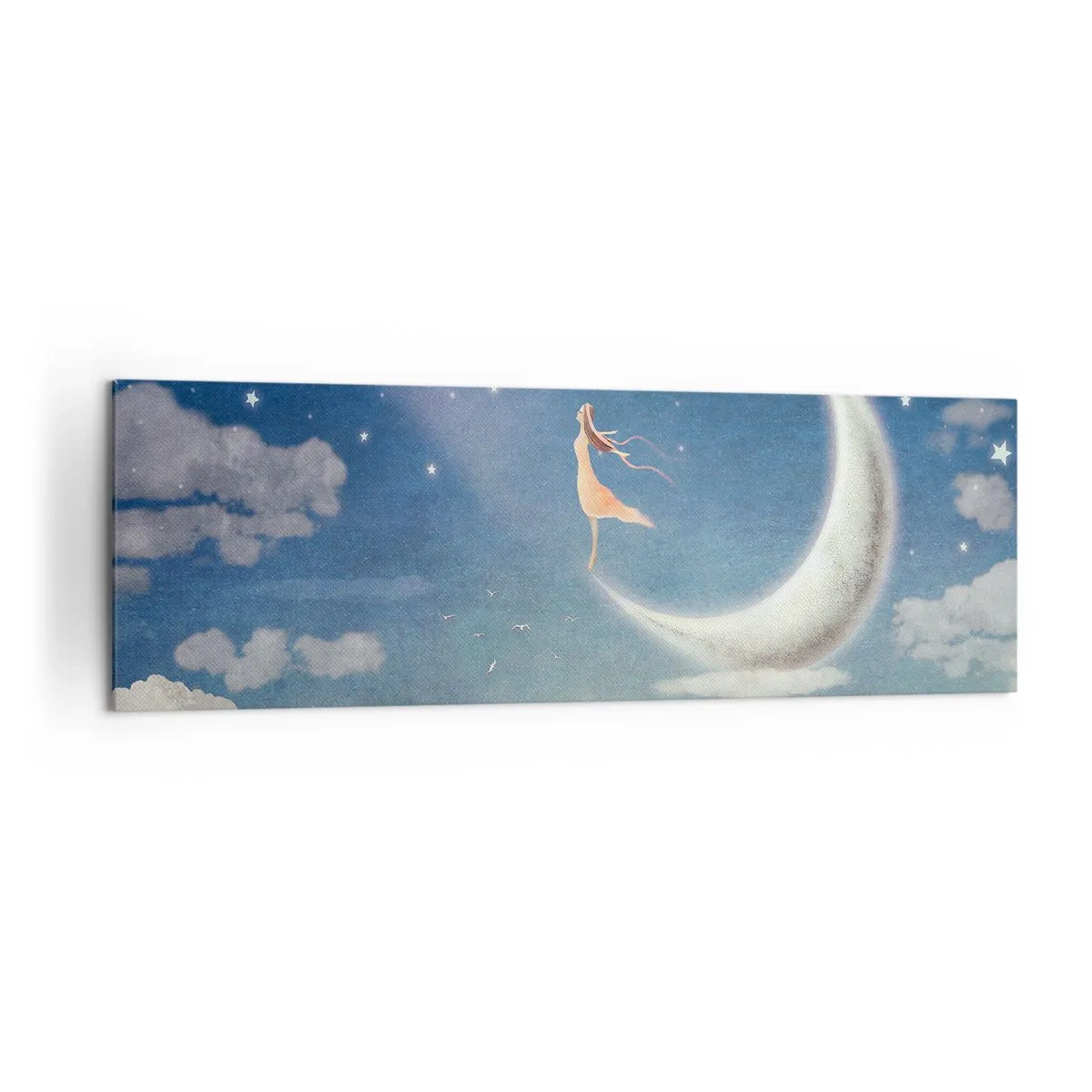 Bild auf Leinwand - Leinwandbild - Eine Frau im Mond, umgeben von Sternen und Wolken - 160x50cm - Blauer Freier - Moderne Wanddekoration für Wohnzimmer und Schlafzimmer ARTTOR