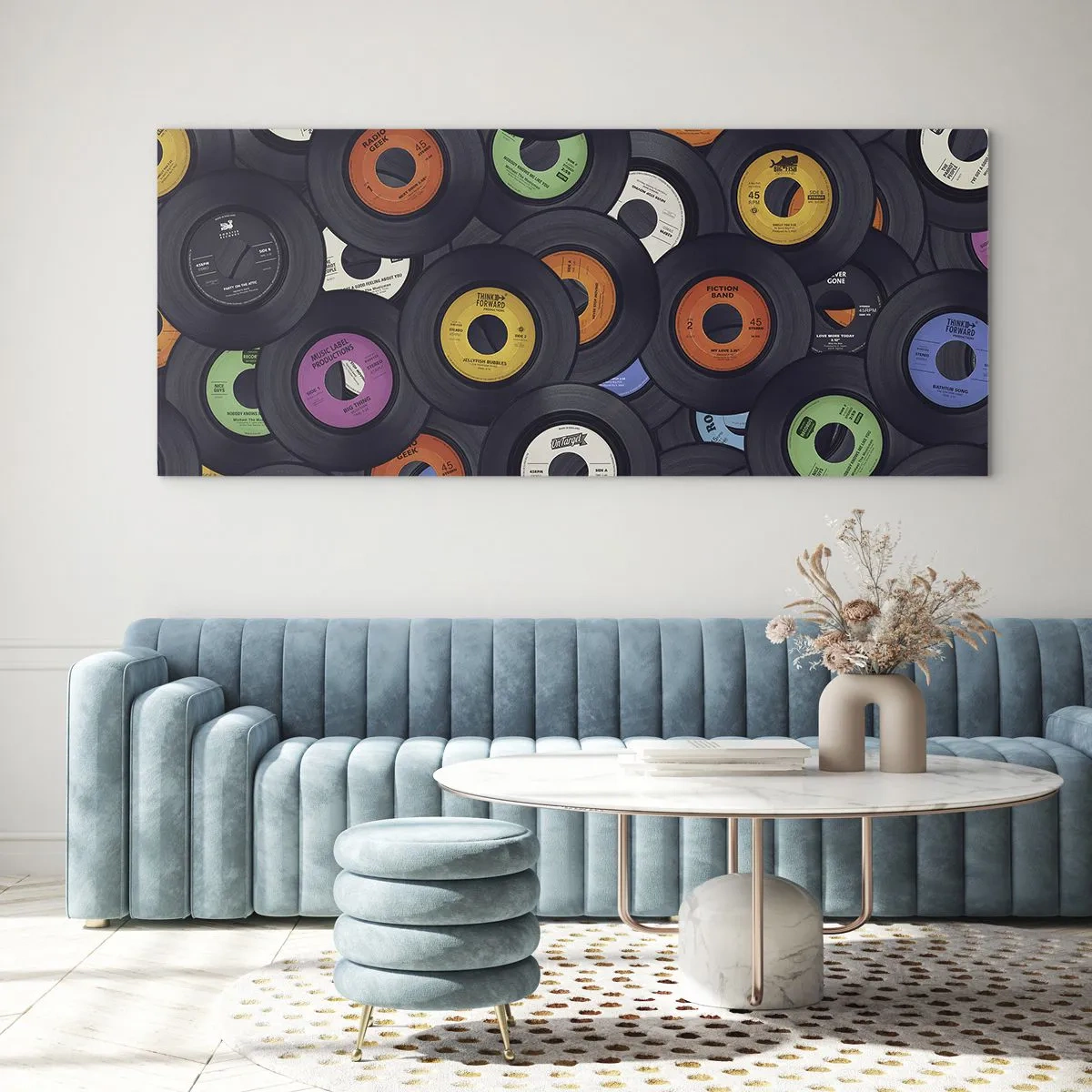 Glasbild - Bild auf glas - Bunte Vinyls übereinander gestapelt - 160x50cm - Farben der Klassiker - Moderne Wanddekoration für Wohnzimmer und Schlafzimmer ARTTOR
