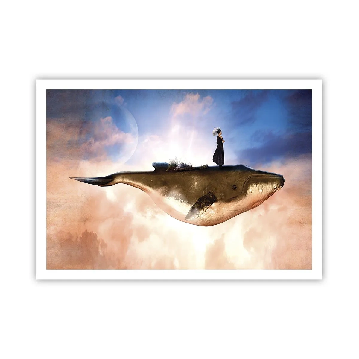 Poster - Eine fantastische Szene einer Frau auf einem Wal zwischen den Wolken - 100x70cm - Eine echte Reise - Moderne Wanddekoration für Wohnzimmer und Schlafzimmer ARTTOR