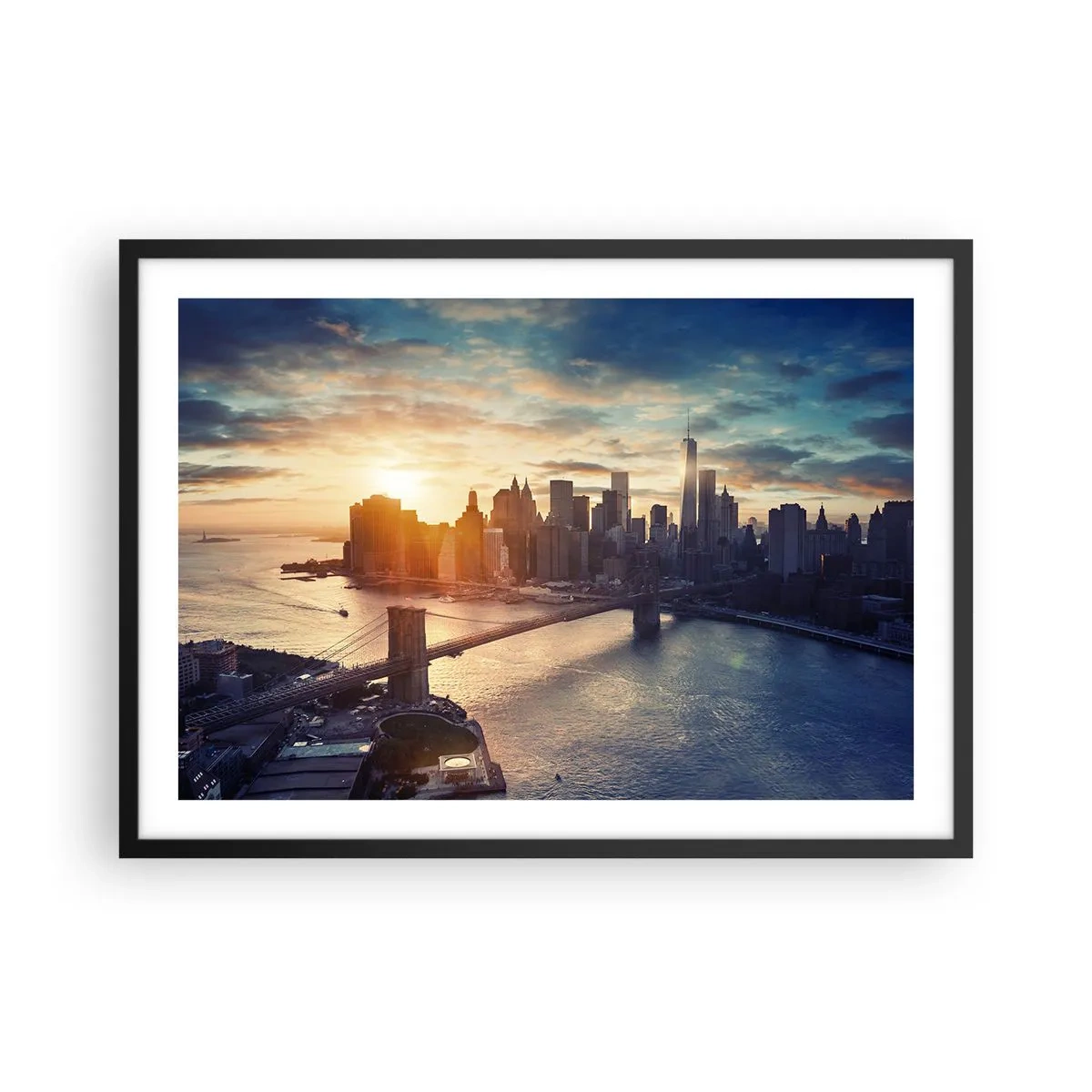 Poster in einem schwarzem Rahmen - Panorama der Stadt mit der Brücke und dem Fluss im Licht der untergehenden Sonne - 70x50cm - Westliches Kulturdenkmal - Moderne Wanddekoration für Wohnzimmer und Schlafzimmer ARTTOR