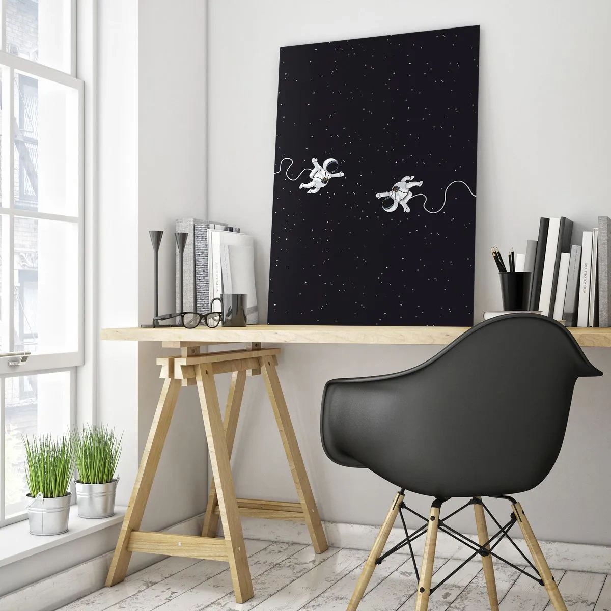 Glasbild - Bild auf glas - Astronauten schweben im Weltraum vor dem Hintergrund der Sterne - 70x100cm - Kosmischer Tanz - Moderne Wanddekoration für Wohnzimmer und Schlafzimmer ARTTOR