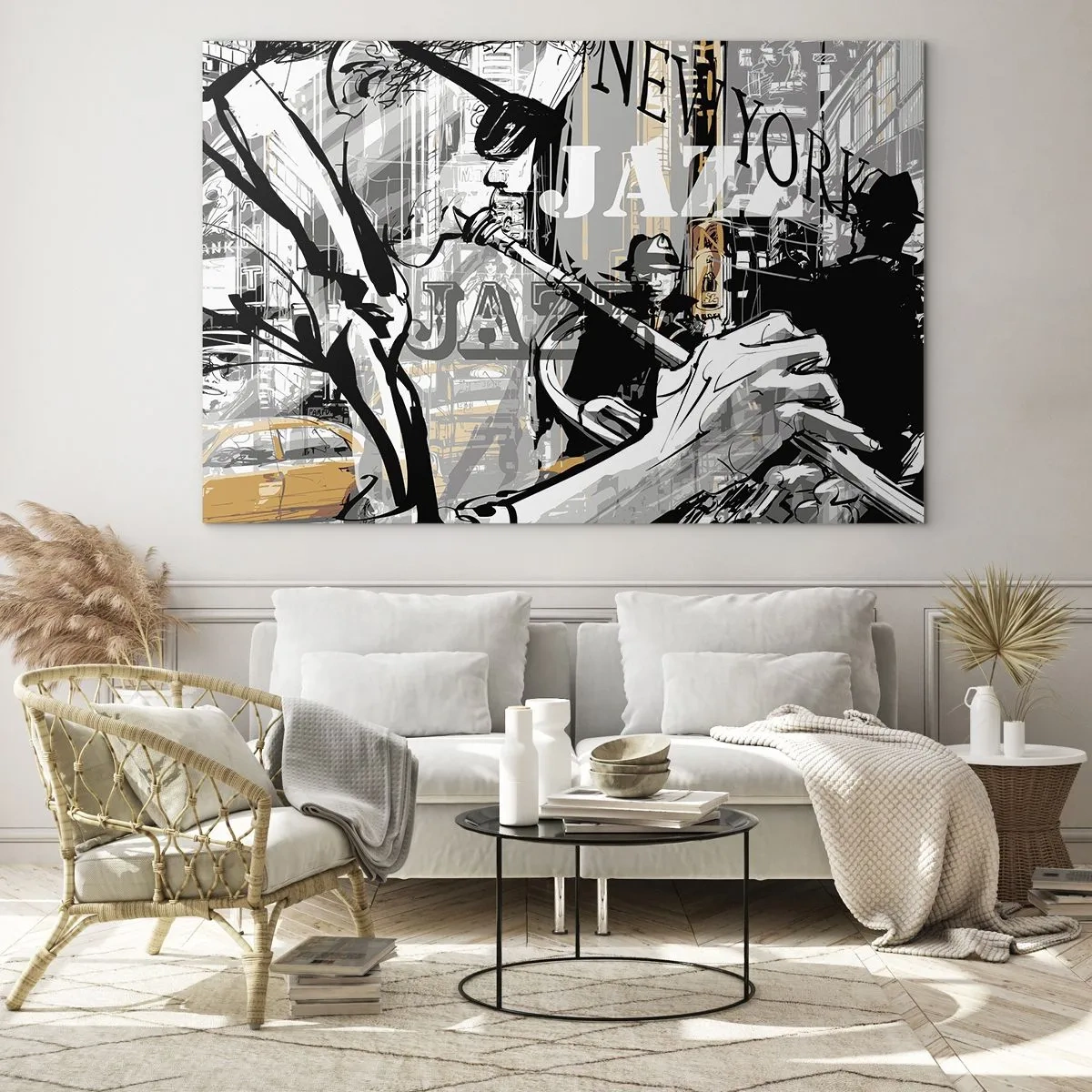 Glasbild - Bild auf glas - Eine stilvolle Zeichnung eines Jazzmusikers, der in einer New Yorker Umgebung Trompete spielt. - 70x50cm - Im Rhythmus von New York - Moderne Wanddekoration für Wohnzimmer und Schlafzimmer ARTTOR