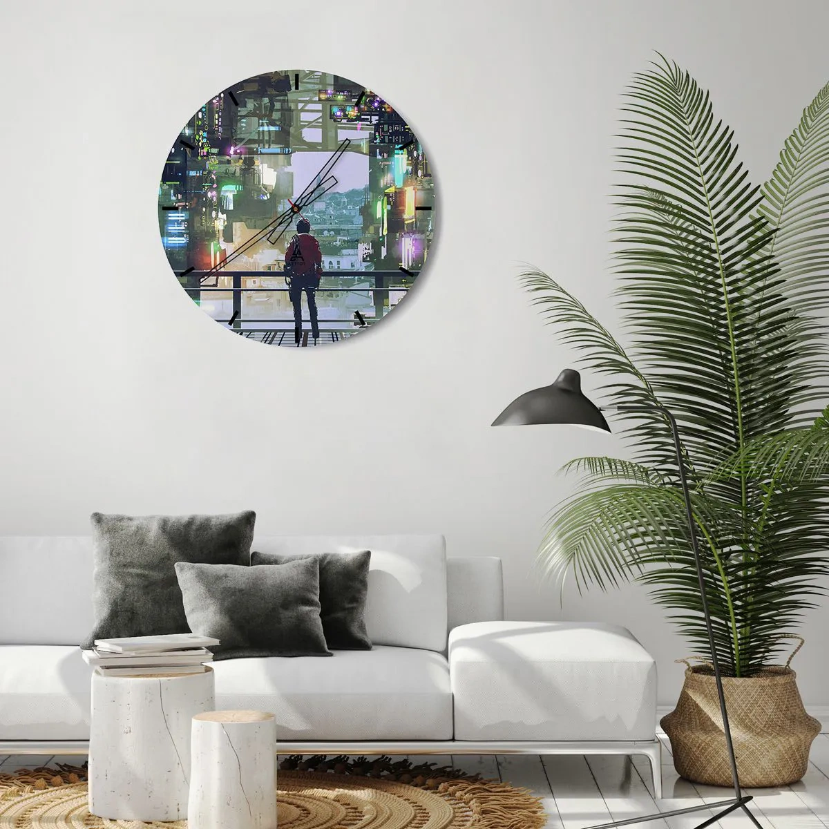 Wanduhr - Glasuhr - Eine Figur in einer futuristischen Stadt mit Neonlichtern und einer Skyline im Hintergrund - 30x30cm - Zwei Welten - Moderne Wanddekoration für Wohnzimmer, Küche und Schlafzimmer ARTTOR