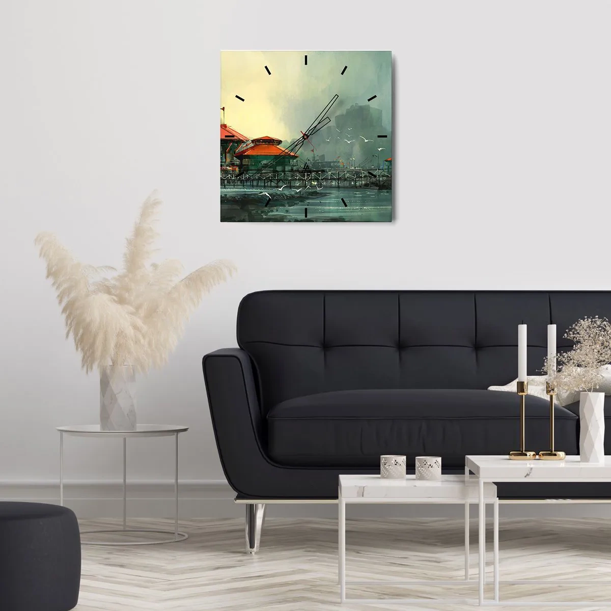 Wanduhr - Glasuhr - Ein sonniger Tag im Hafen - 30x30 cm