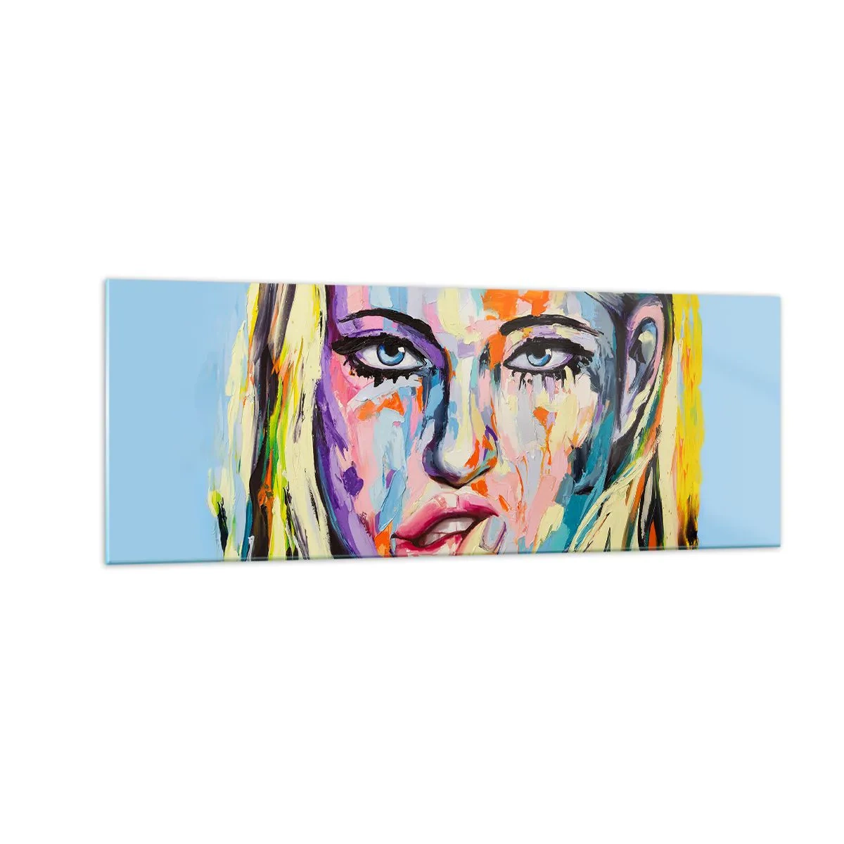 Glasbild - Bild auf glas - Farbenfrohes Porträt einer Frau im abstrakten Stil - 140x50cm - Schau ihr direkt in die Augen - Moderne Wanddekoration für Wohnzimmer und Schlafzimmer ARTTOR