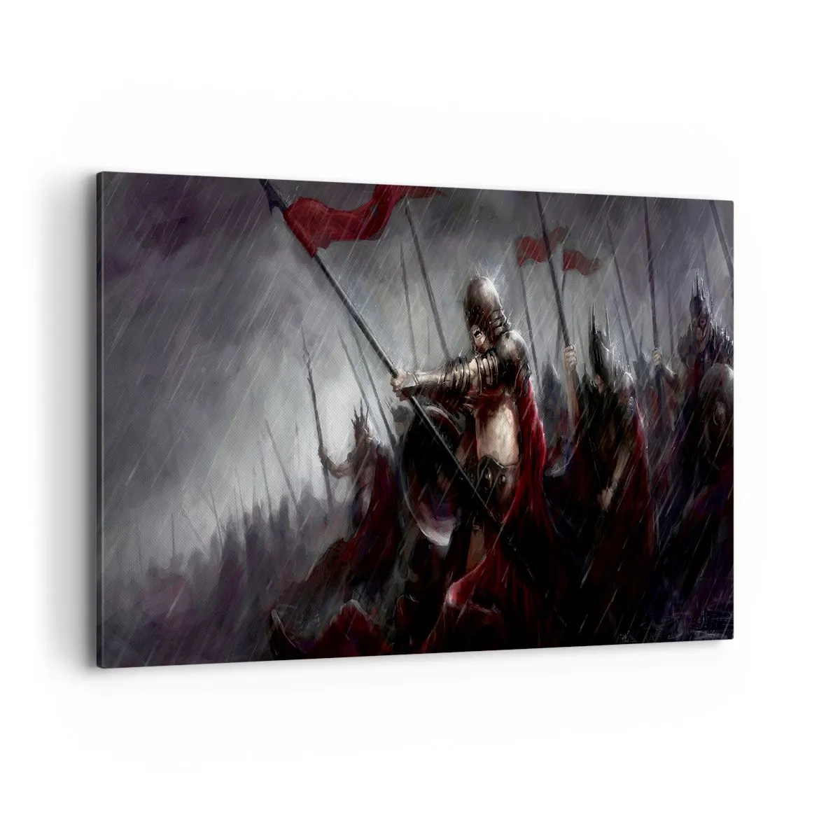 Bild auf Leinwand - Leinwandbild - Ritter marschieren im Regen zum Schlachtfeld - 120x80cm - Passant, sag Sparta ... - Moderne Wanddekoration für Wohnzimmer und Schlafzimmer ARTTOR