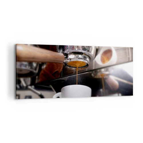 Bild auf Leinwand - Leinwandbild - Nahaufnahme einer Kaffeemaschine, die einen frischen Espresso zubereitet - 120x50cm - Gute Zeit des Tages - Moderne Wanddekoration für Wohnzimmer und Schlafzimmer ARTTOR