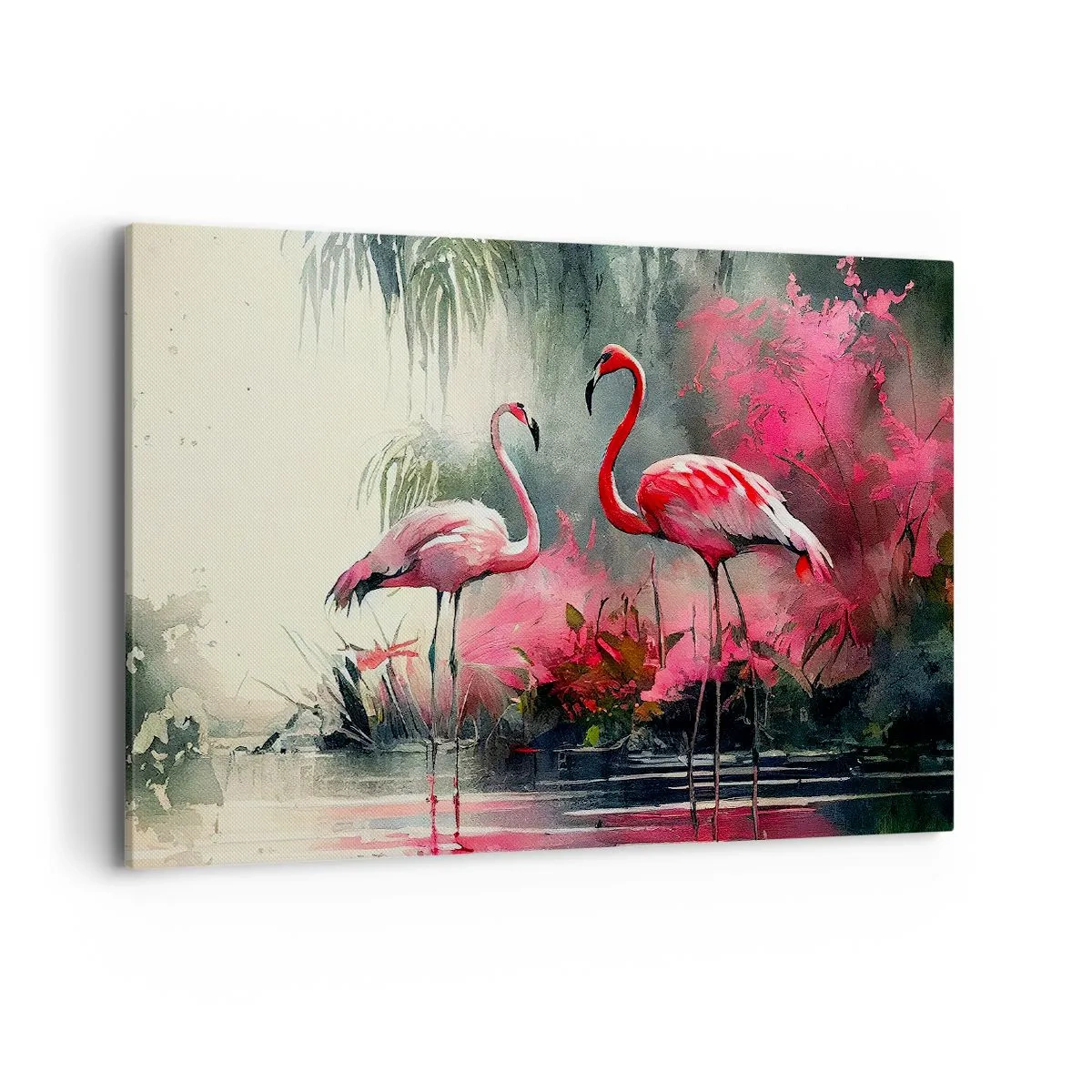 Bild auf Leinwand - Leinwandbild - Flamingos am Wasser, umgeben von Vegetation - 100x70cm - Lektion in natürlicher Anmut - Moderne Wanddekoration für Wohnzimmer und Schlafzimmer ARTTOR